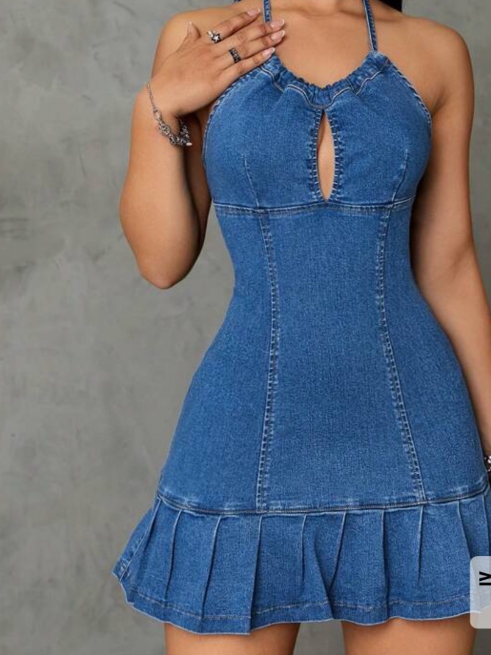 Denim Halter Flared pleated Mini Dress size M - Picture 2 of 8